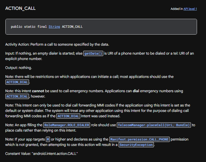 Android documentation for ACTION_CALL